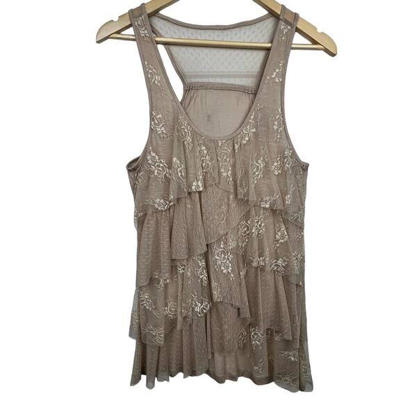 Unknown Tops - Y2K Layered Lace Tiered Sleeveless Stretchy Nude BOHO Women's Tank Small/Medium